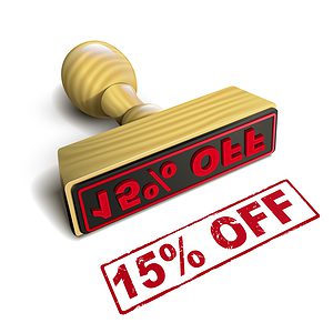 stamp 15% off with red text on white