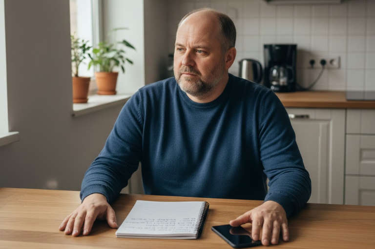 A man at a kitchen table with a notebook