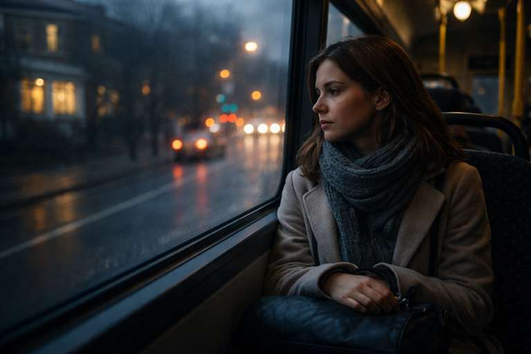Hypnotherapy for SAD - Person on an evening bus looking out at the dark winter streets, feeling low and withdrawn