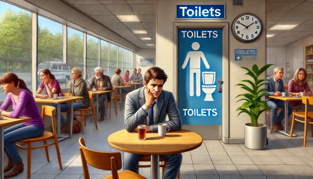 Feer of needing the toilet in a cafe Person in a café feeling anxious, looking for a restroom to overcome toilet anxiety.