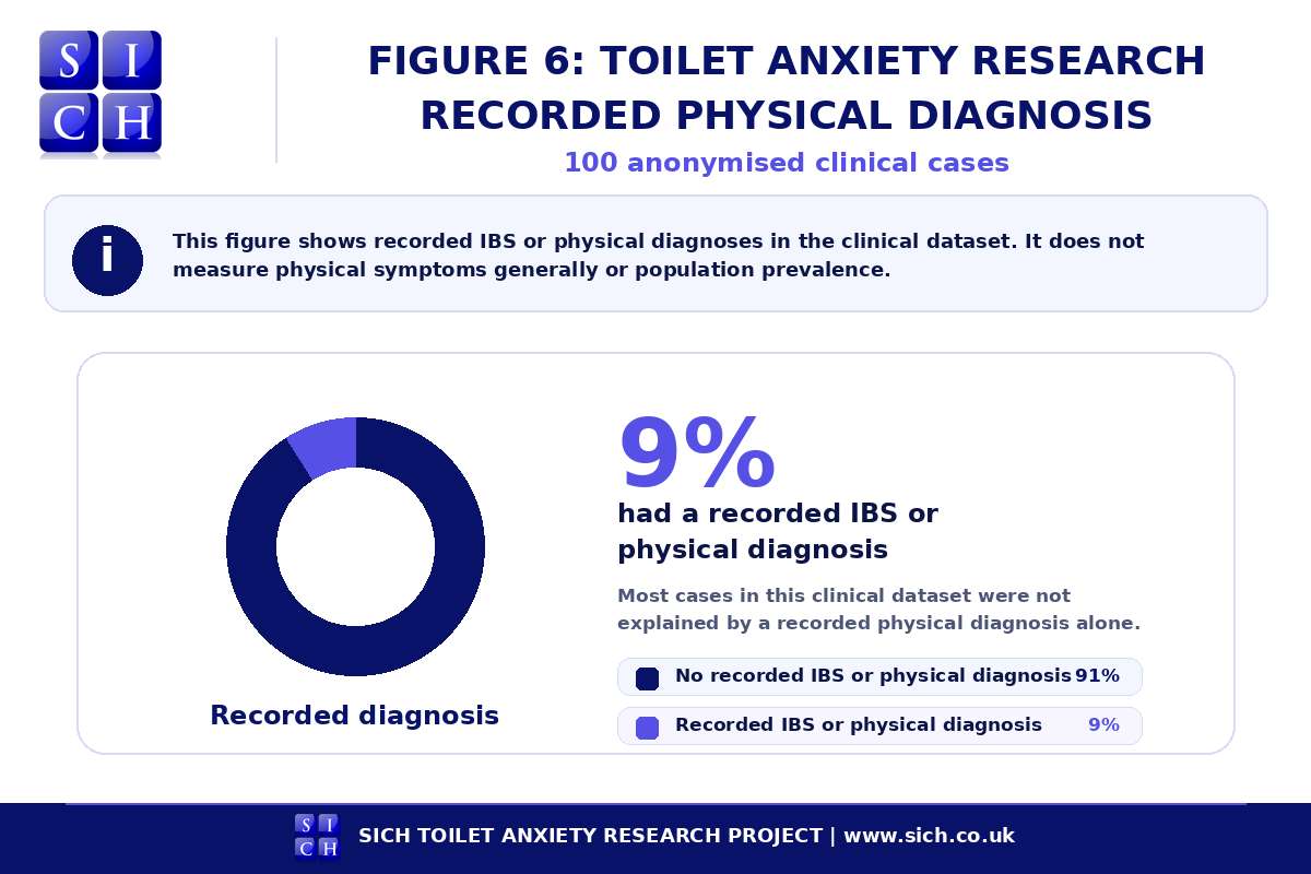 Figure 6, recorded IBS or physical diagnosis in the SICH Toilet Anxiety Research Project, showing that 9% had a recorded IBS or physical diagnosis and 91% had no recorded diagnosis.
