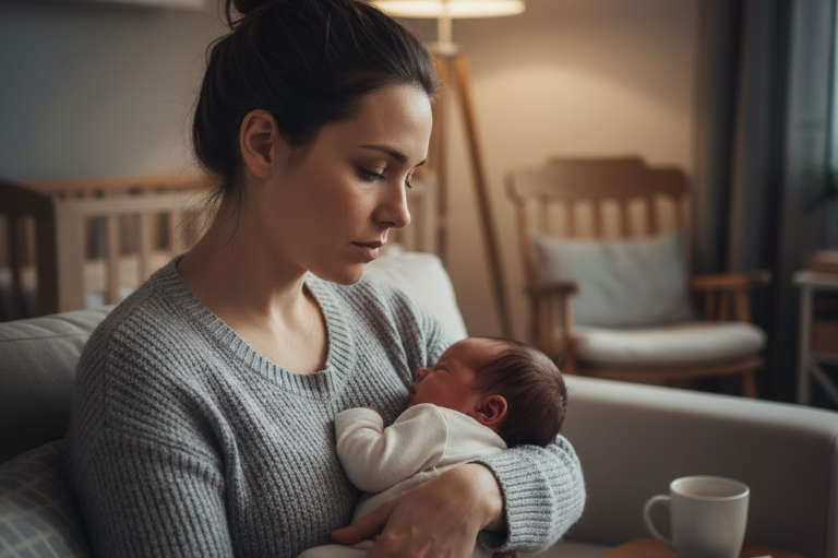 Mum holding her baby looking thoughtful