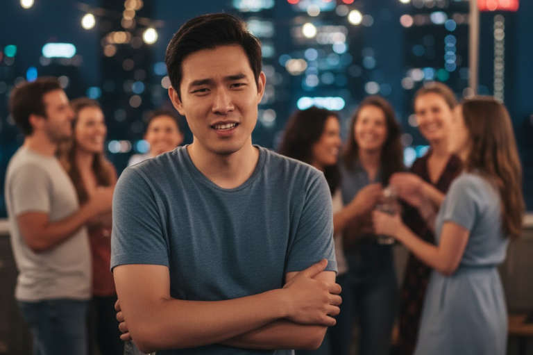 Person feeling self conscious in a social situation