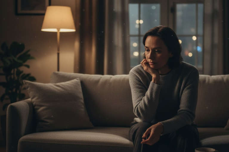 Person sitting on a sofa looking sad