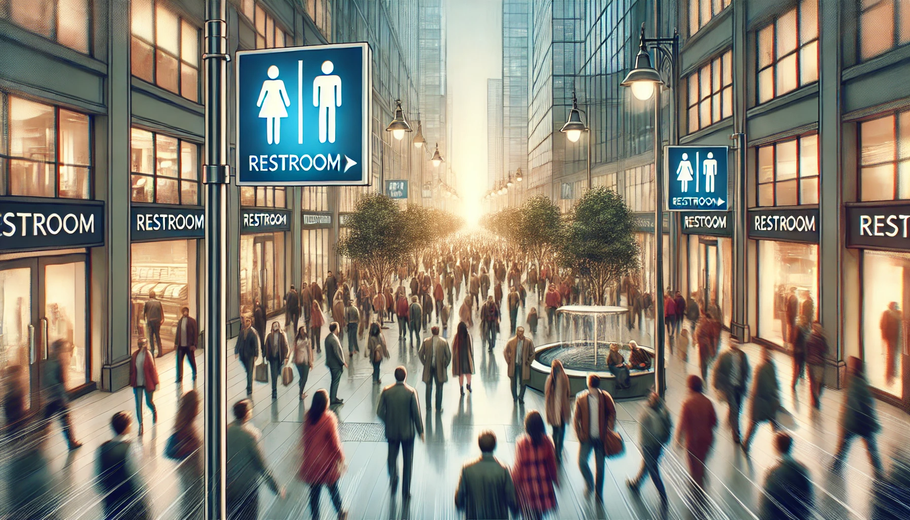 Restrooms in street Busy shopping street with restroom signs, representing the anxiety of finding accessible toilets.