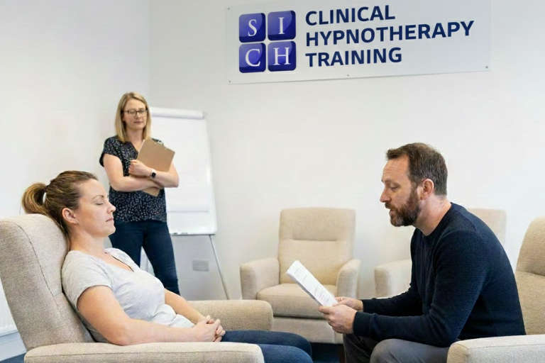 Two students practising a simple induction style exercise, seated facing each other, one guiding, one relaxed, tutor in the background observing.