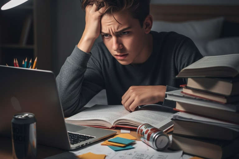 Stressed teenage doing homework