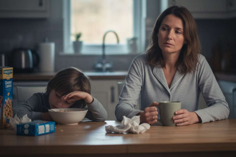 Tired child at breakfast