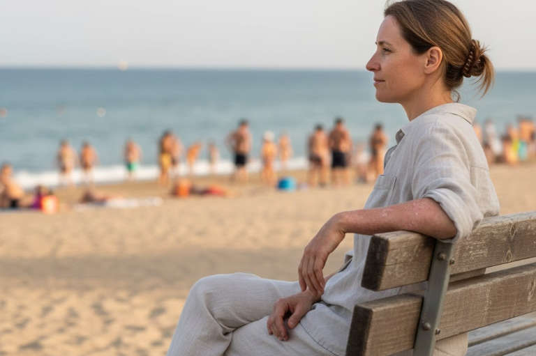 Hypnotherapy for psoriasis - Woman on beach with psoriasis