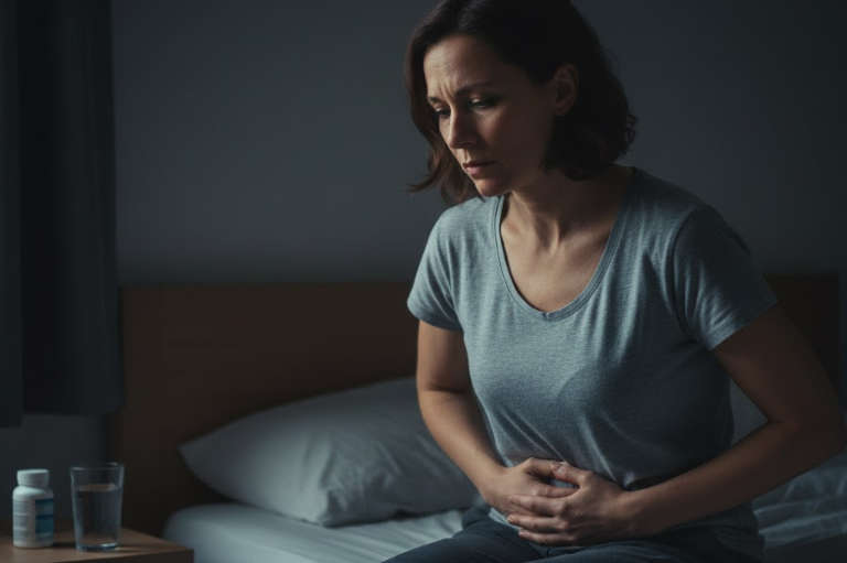 Woman on the edge of bed in pain