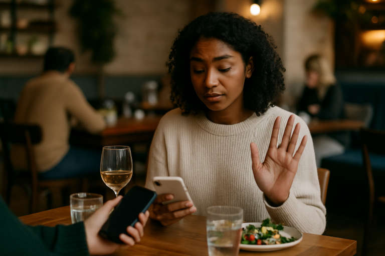 Woman refusing invitation 768 toilet anxiety research
