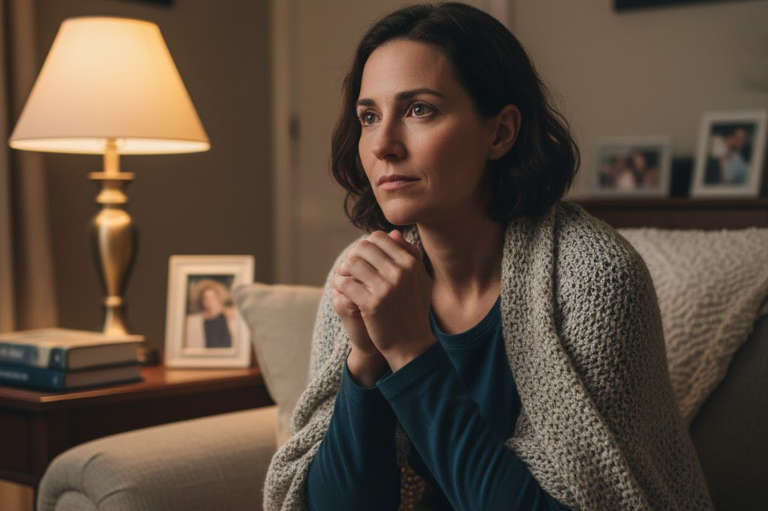 Woman sitting on the sofa with a blanket