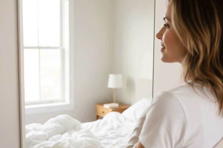 Woman smiling slightly in a mirror