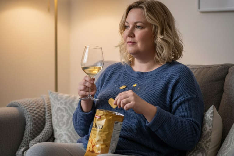 Woman snacking and drinking